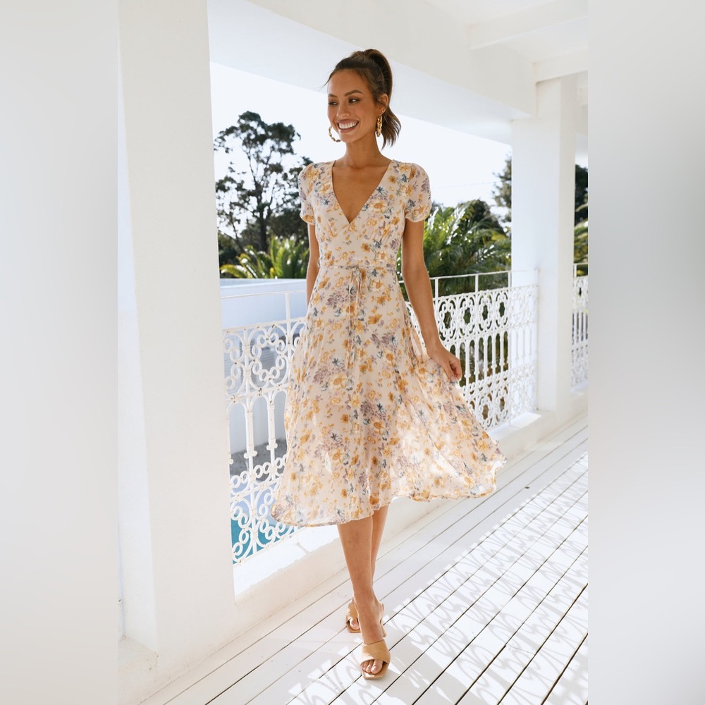 Hello Molly Home With You Midi Dress Beige Floral Bohemian Festival Hippie
